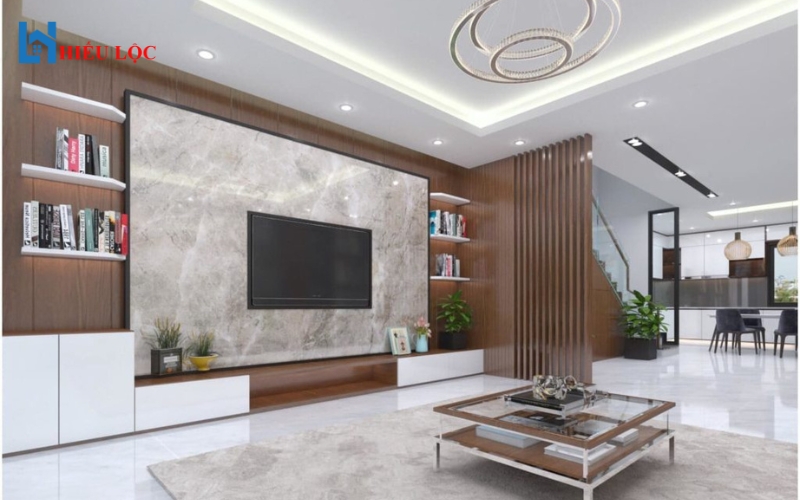 Mẫu phòng khách theo phong cách hiện đại với màu xám nhạt và nội thất đơn giản